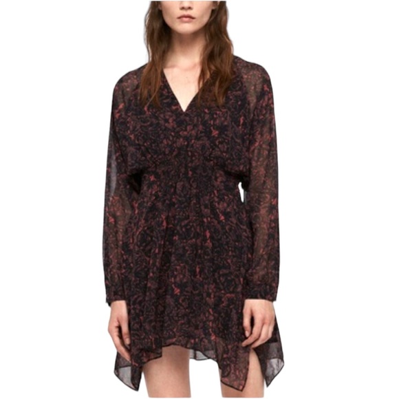 All Saints Nichola Rosey Smocked Draped Mini Dress in Berry Red - S - Picture 2 of 16